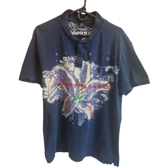Desigual Other - Desigual Mens Polo Shirt-Bold Floral Abstract Graphic-Embroidery Spellout-XL-2X*